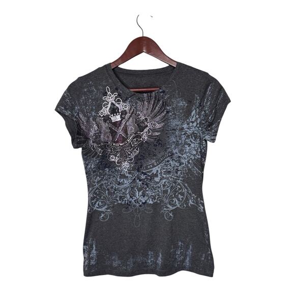 Xzavier Shirt Womens XL Mallgoth Baby Y2K Bling Wings Affliction Style - Picture 1 of 8